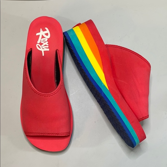 Roxy red rainbow platform slip on sandals